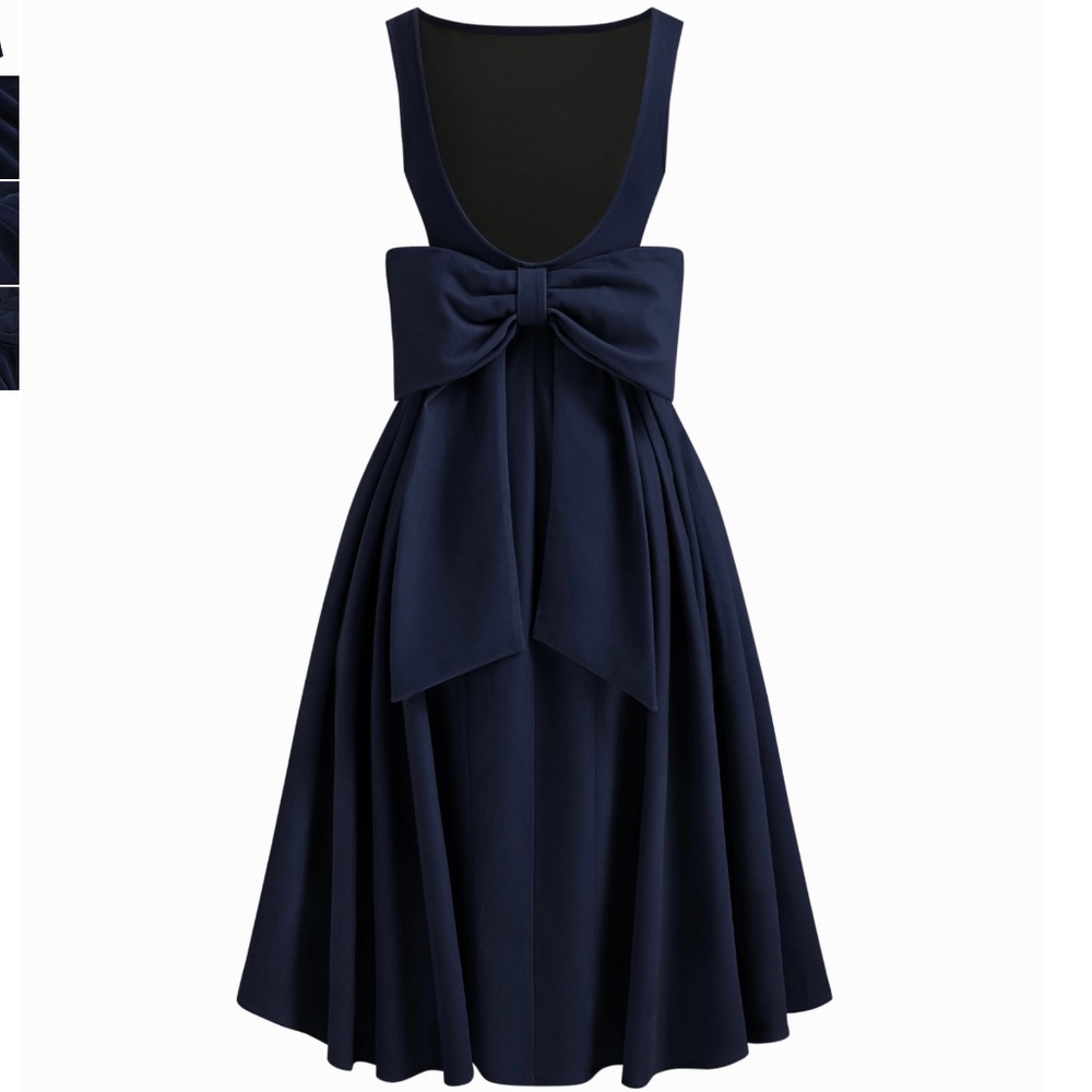 NWT Cider Navy Blue Velvet Boat Neck Open Back Bowknot Dress